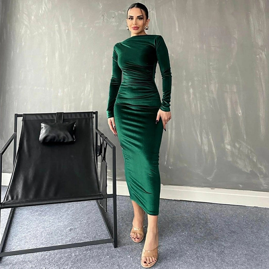 Women's Party Dress Elegant Round Neck Long Sleeve Solid Color Midi Dress Cocktail Party