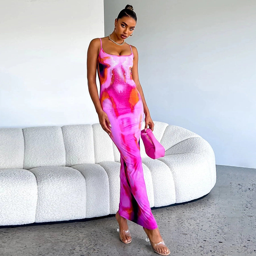 Women's Sheath Dress Elegant Strap Backless Sleeveless Colorful Maxi Long Dress Holiday