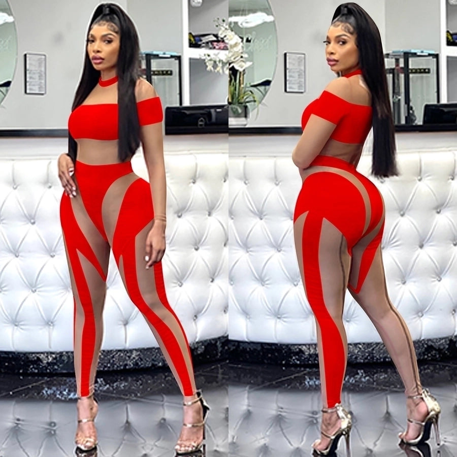 women's holiday party selfie sexy color block full length zipper see-through jumpsuits