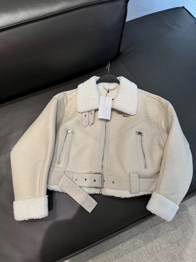 Women's Streetwear Solid Color Belt Zipper Leather Jacket Casual Jacket