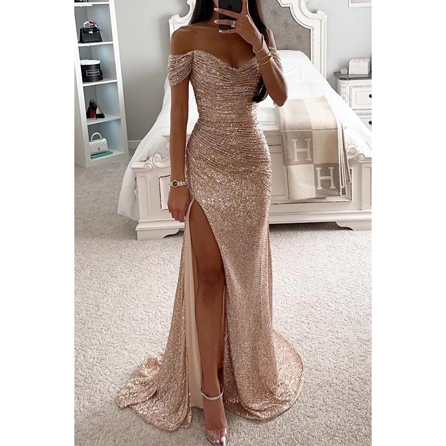 women's party dress classic style v neck sequins slit zipper sleeveless solid color maxi long dress banquet party