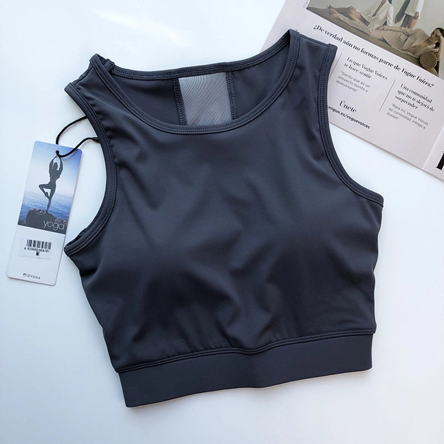 sports solid color nylon spandex round neck active tops vest