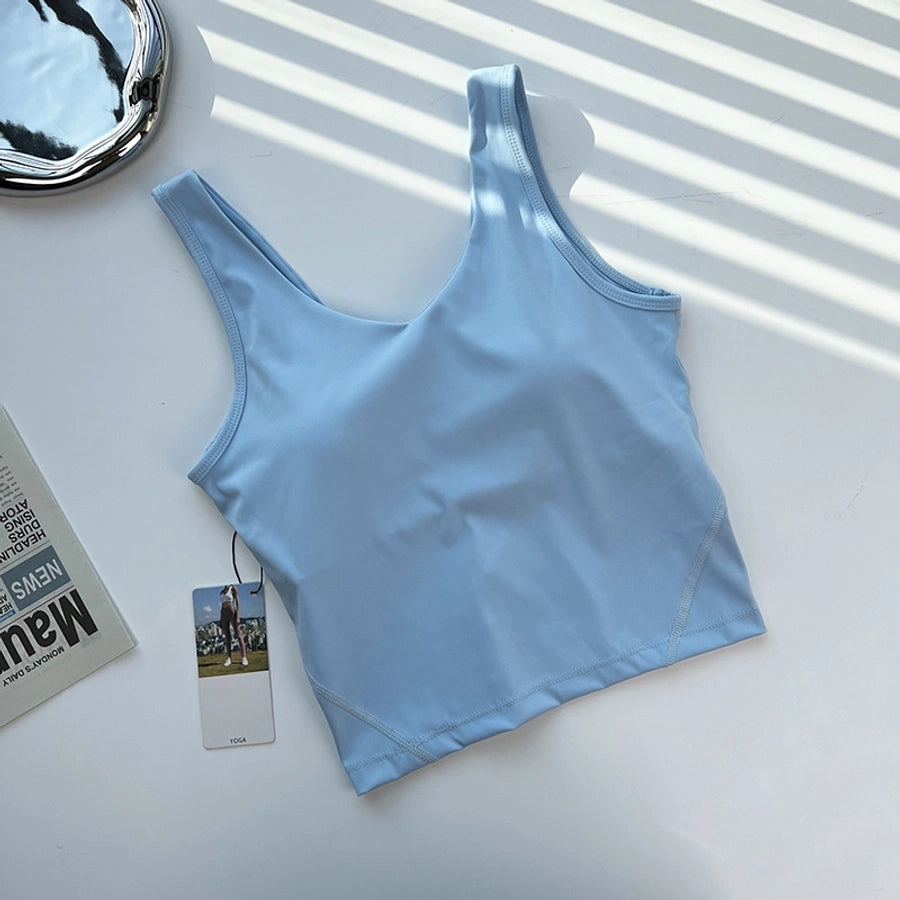 sports solid color nylon u neck active tops vest