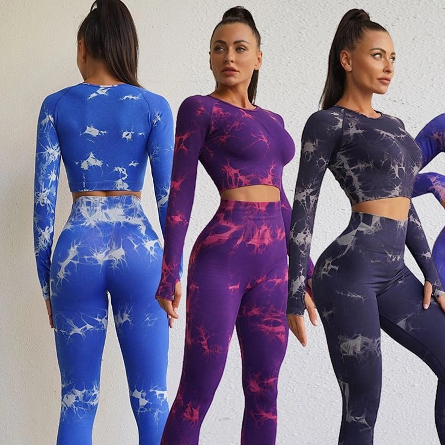 Casual Sports Tie Dye Nylon Spandex Round Neck Tracksuit T-shirt Leggings