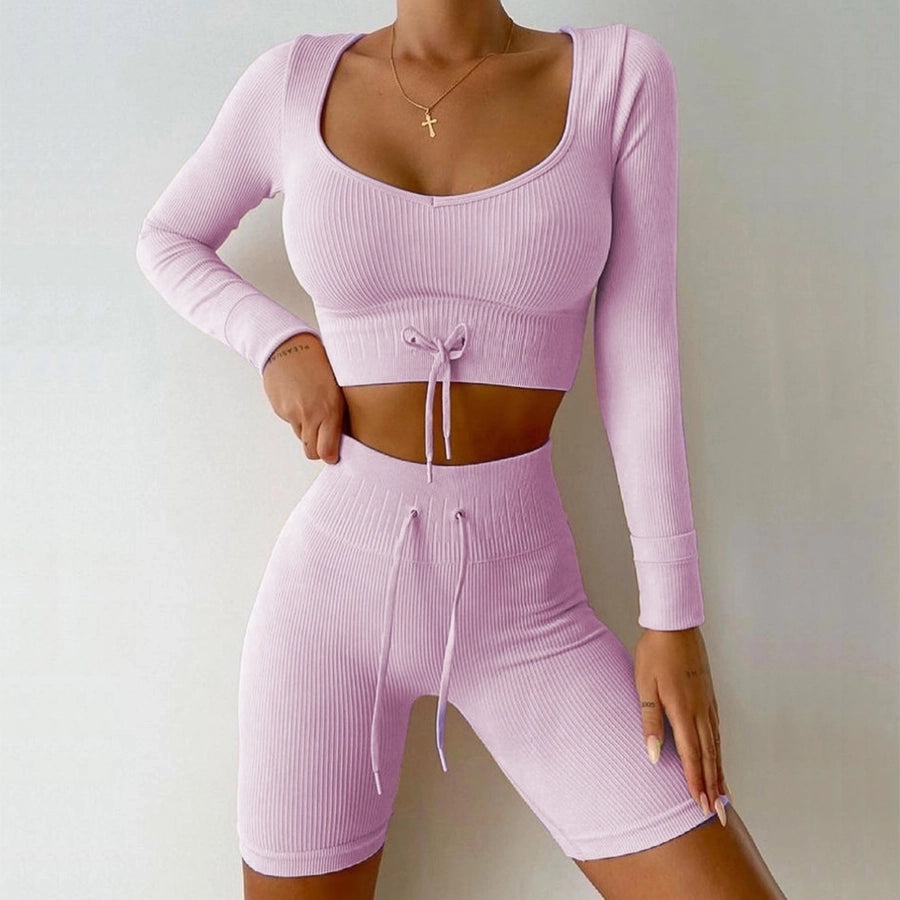 sports solid color nylon round neck active sets t-shirt leggings