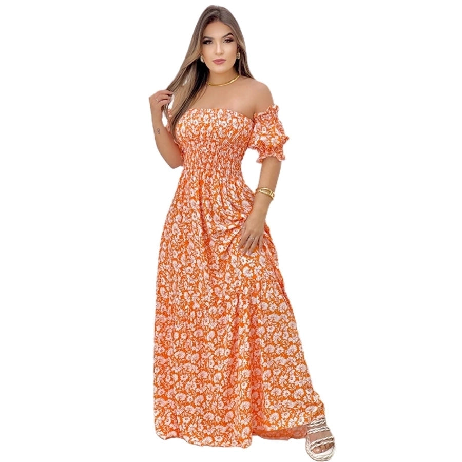 women's tiered skirt vintage style boat neck printing short sleeve leopard maxi long dress street