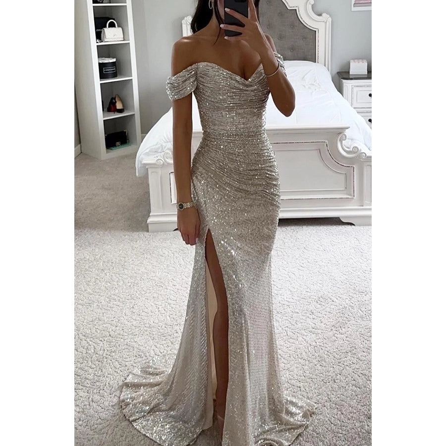 women's party dress classic style v neck sequins slit zipper sleeveless solid color maxi long dress banquet party