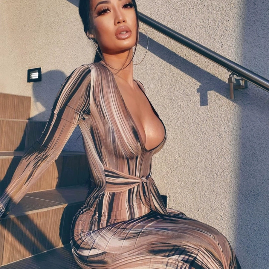 women's sheath dress sexy deep v long sleeve tie dye maxi long dress nightclub party