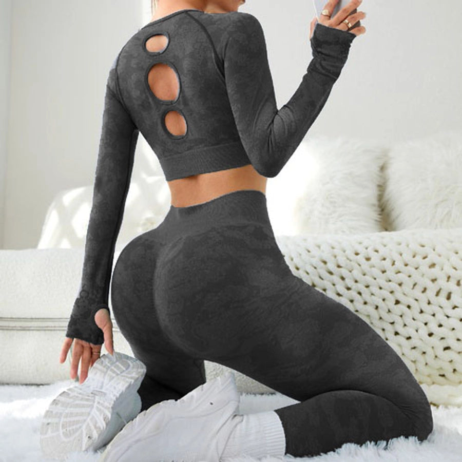 sports solid color nylon round neck hollow out tracksuit t-shirt leggings