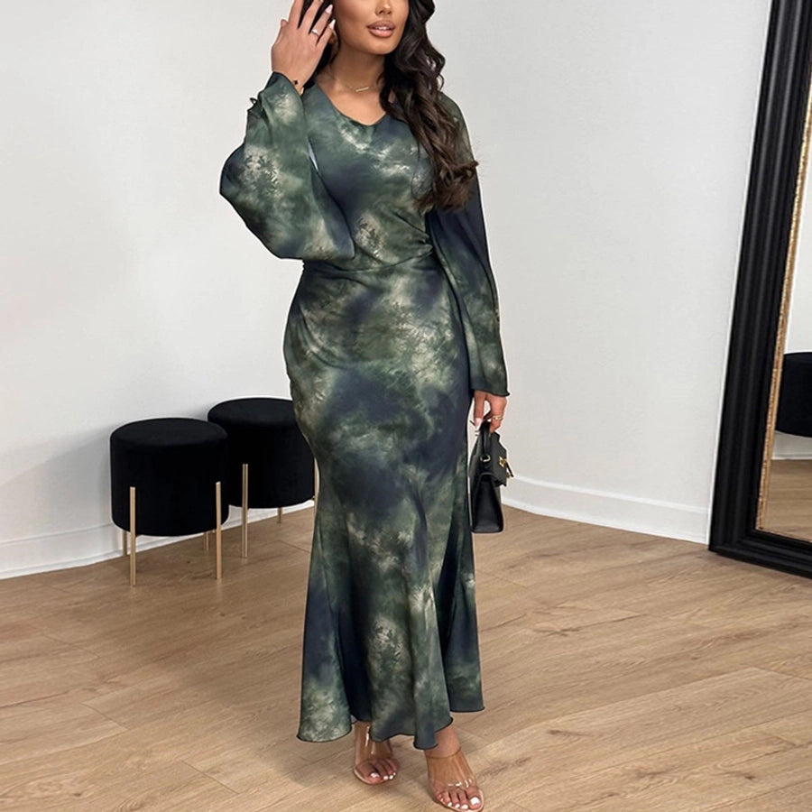 Women's Trumpet Dress Streetwear Round Neck Printing Long Sleeve Abstract Maxi Long Dress Holiday