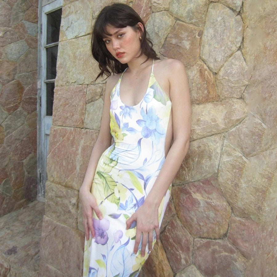 Women's Strap Dress Sexy U Neck Backless Sleeveless Flower Maxi Long Dress Cocktail Party