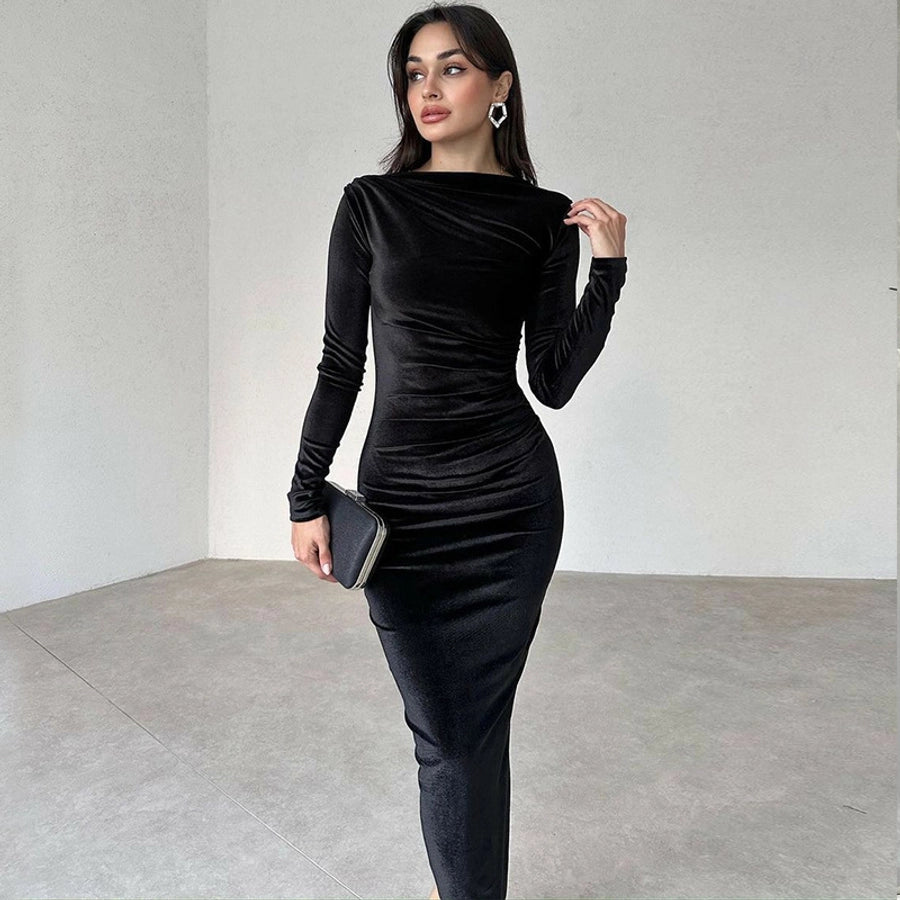 Women's Party Dress Elegant Round Neck Long Sleeve Solid Color Midi Dress Cocktail Party