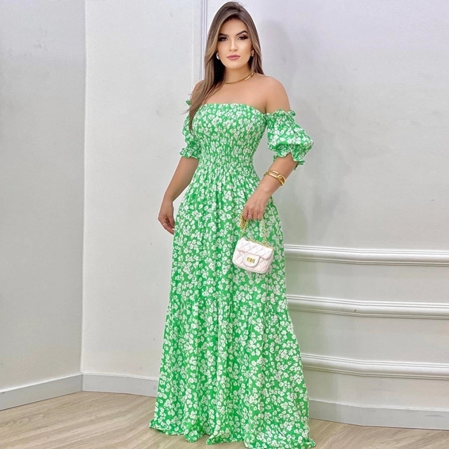 women's tiered skirt vintage style boat neck printing short sleeve leopard maxi long dress street