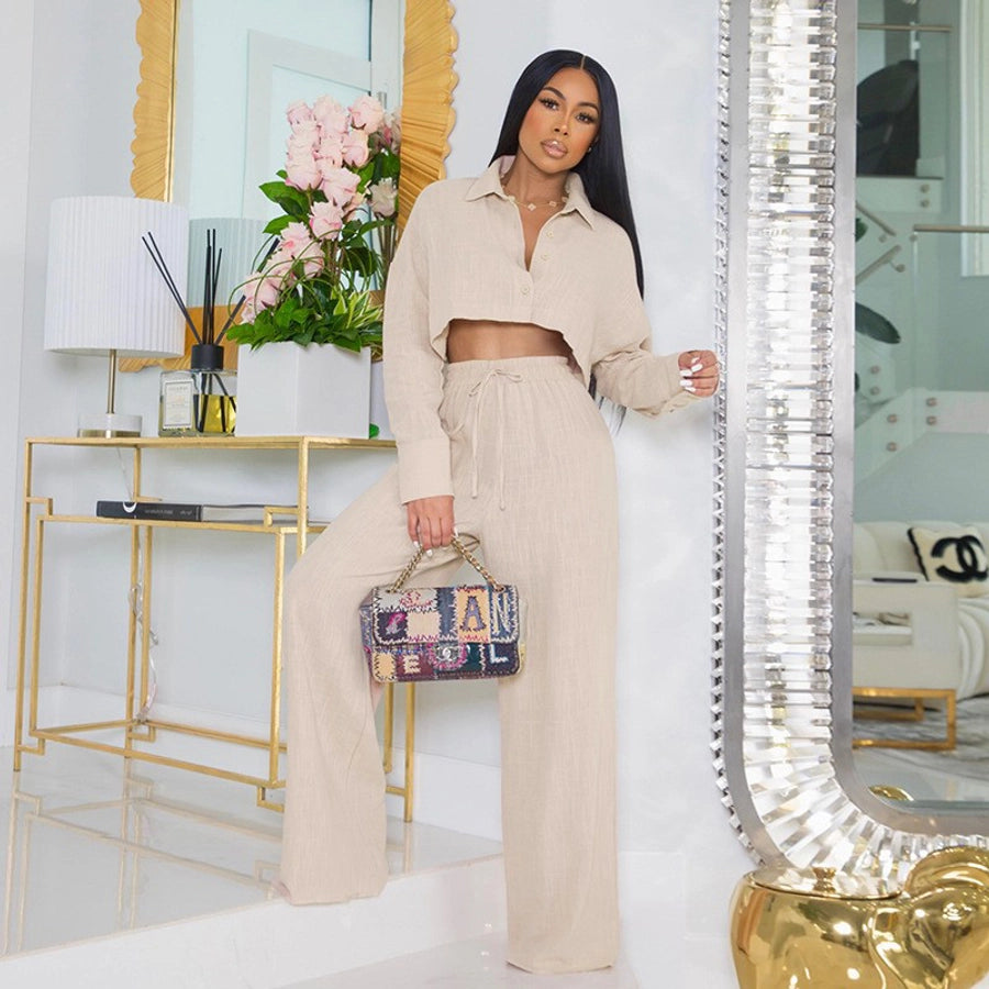 women's simple style solid color polyester button pants sets