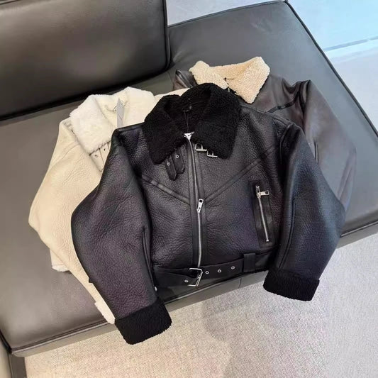 Women's Streetwear Solid Color Belt Zipper Leather Jacket Casual Jacket