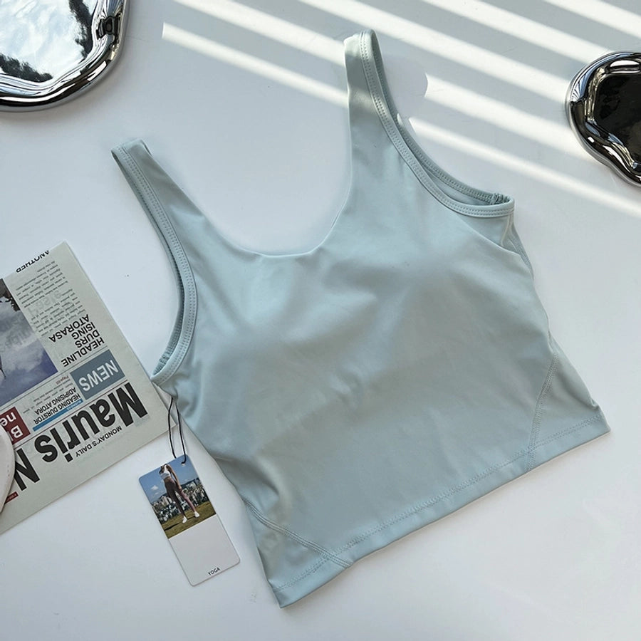 sports solid color nylon u neck active tops vest