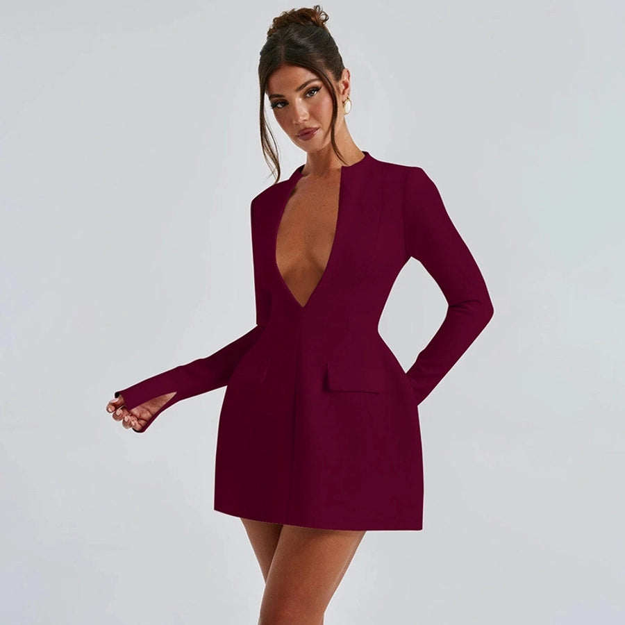 Women's Sheath Dress Vacation Simple Style V Neck Zipper Long Sleeve Solid Color Knee-Length Holiday