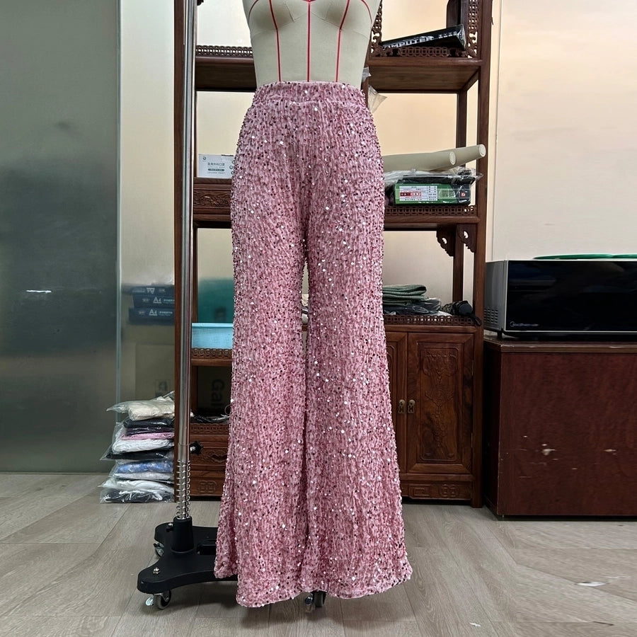 women's party street fashion solid color full length sequins wide leg pants