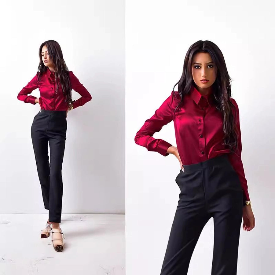 Women's Blouse Long Sleeve Blouses Wine Red Vacation Simple Style Solid Color