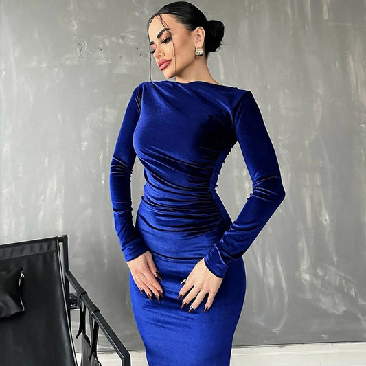 Women's Party Dress Elegant Round Neck Long Sleeve Solid Color Midi Dress Cocktail Party