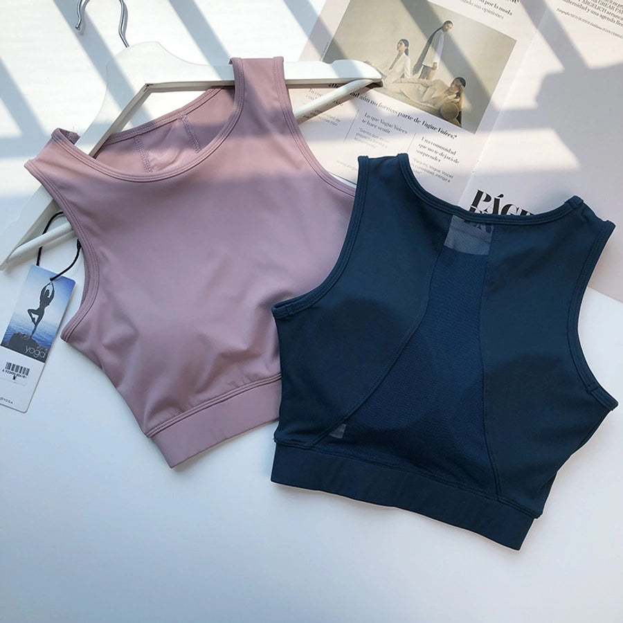 sports solid color nylon spandex round neck active tops vest