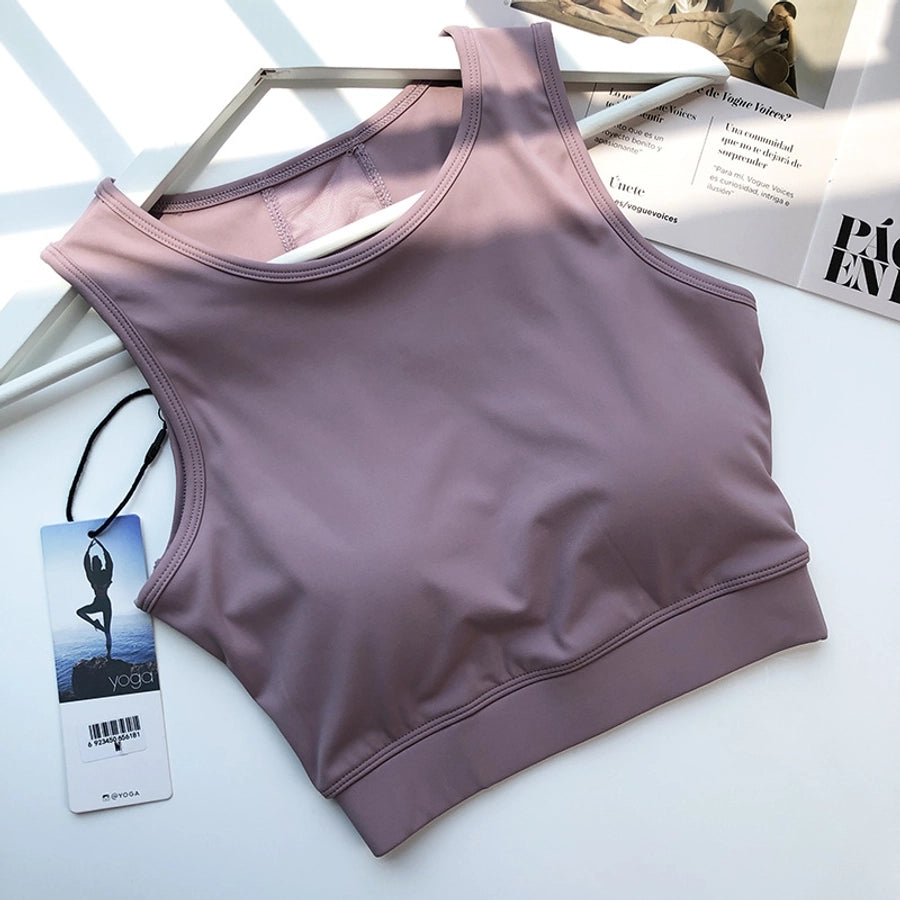 sports solid color nylon spandex round neck active tops vest