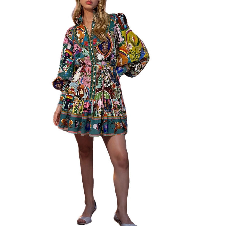 Women's Regular Dress Vintage Style Vacation Standing Collar Printing Long Sleeve Printing Above Knee Casual Holiday