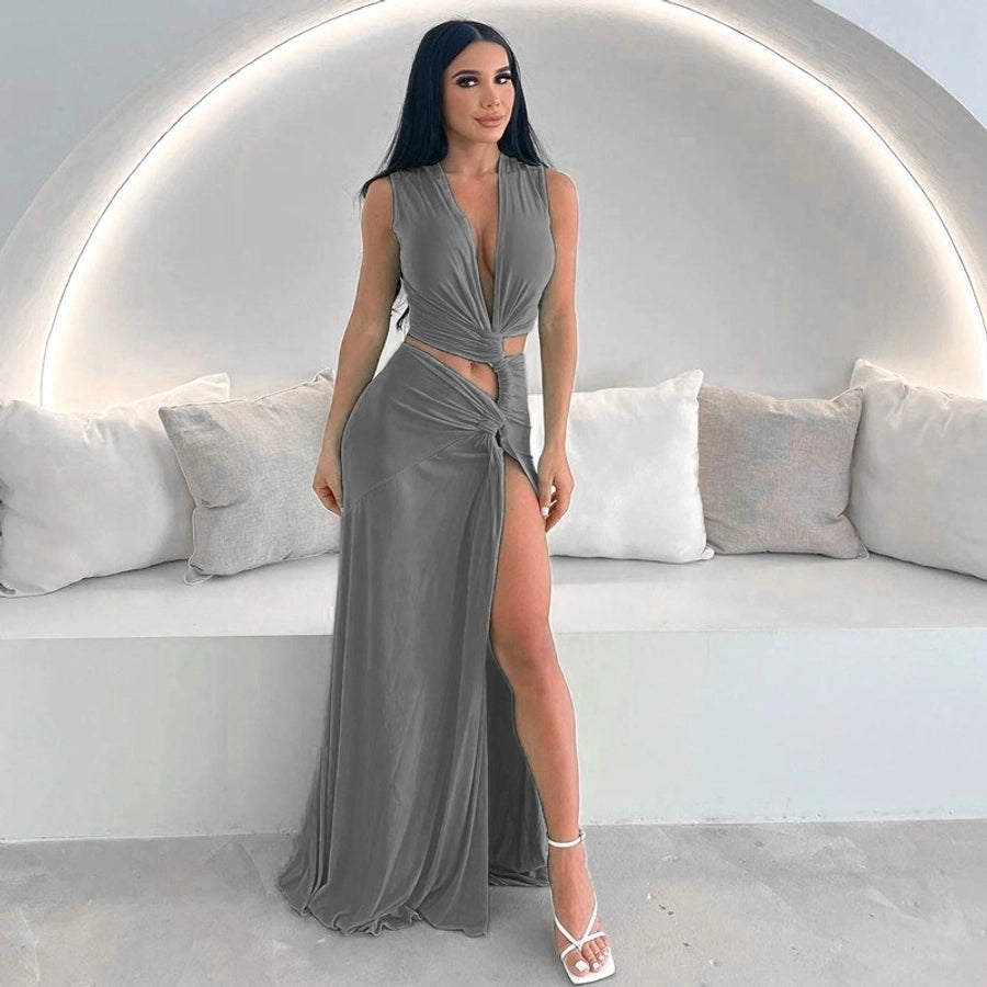 Women's Slit Dress Sexy Streetwear Plunging Neck Sleeveless Solid Color Maxi Long Dress Holiday Cocktail Party