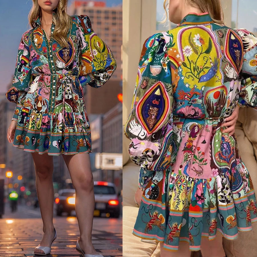 Women's Regular Dress Vintage Style Vacation Standing Collar Printing Long Sleeve Printing Above Knee Casual Holiday
