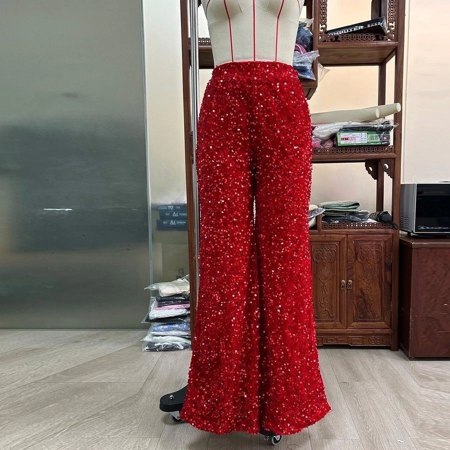 women's party street fashion solid color full length sequins wide leg pants