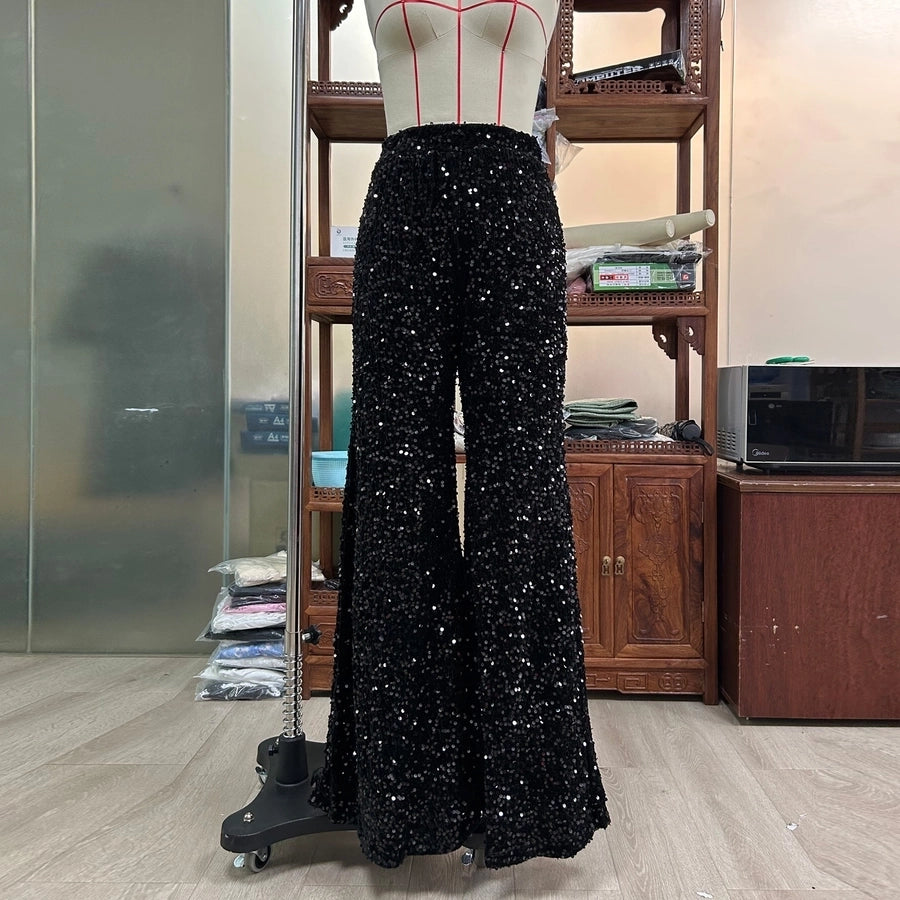 women's party street fashion solid color full length sequins wide leg pants
