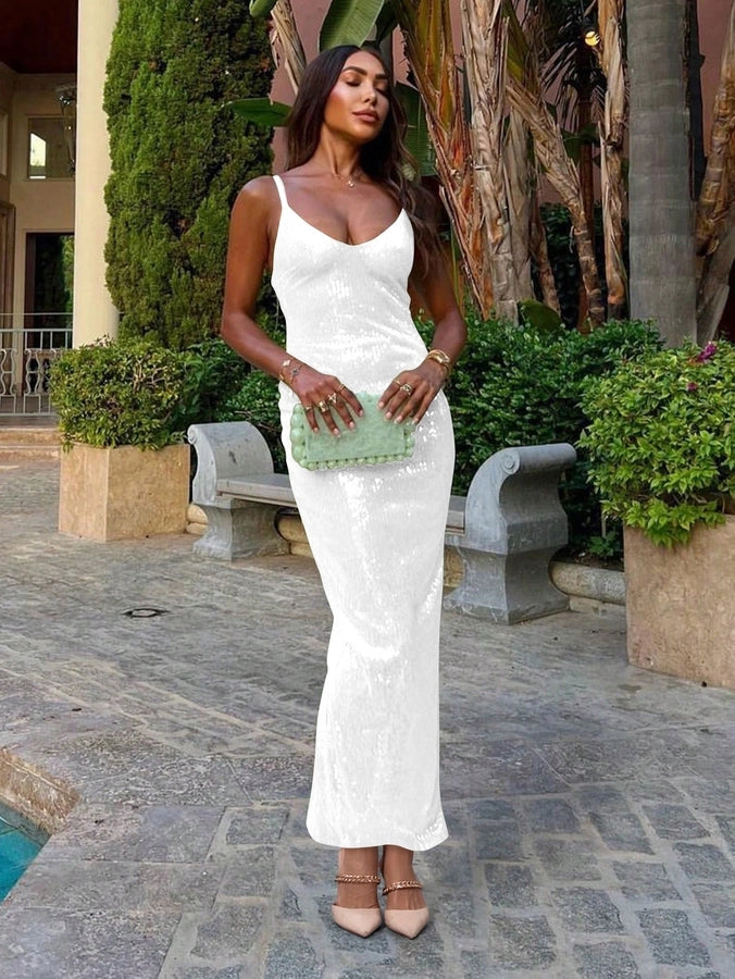 Women's Party Dress Elegant Sexy Strap Deep U Sequins Sleeveless Solid Color Maxi Long Dress Holiday Cocktail Party