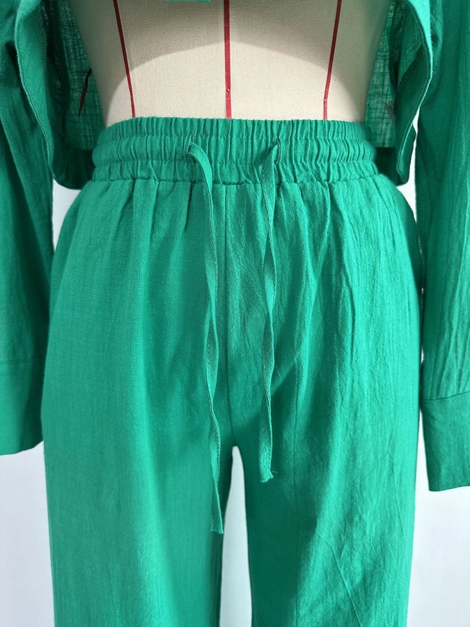 women's simple style solid color polyester button pants sets