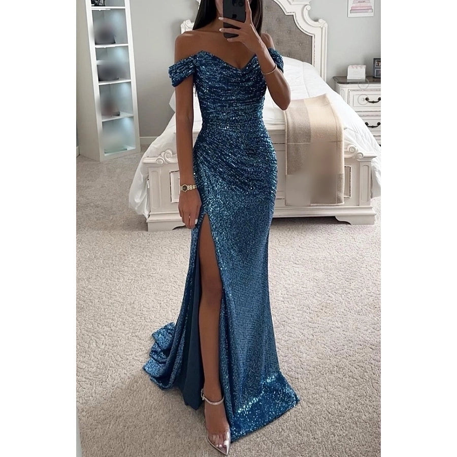 women's party dress classic style v neck sequins slit zipper sleeveless solid color maxi long dress banquet party