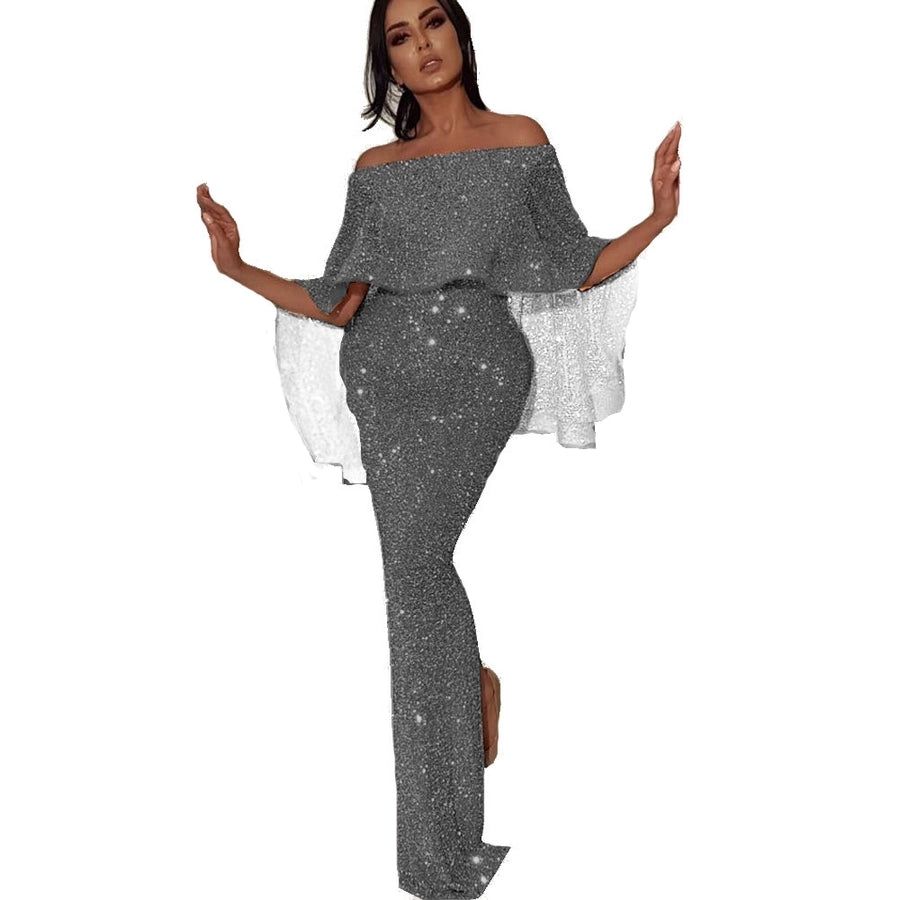 women's party dress elegant boat neck sequins sleeveless solid color maxi long dress banquet