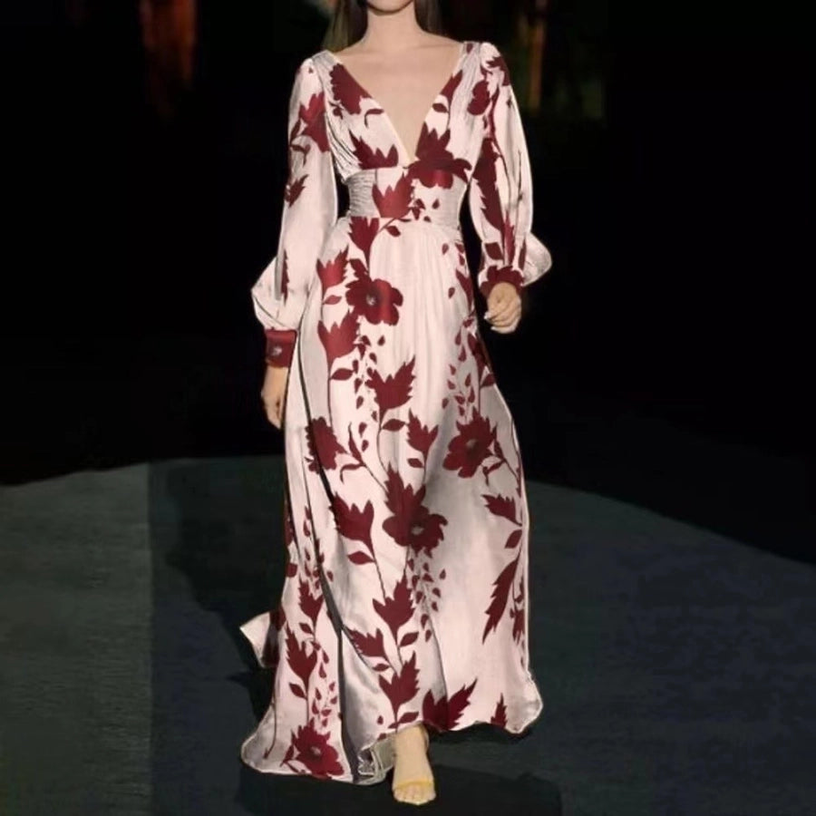 women's regular dress casual v neck printing long sleeve printing maxi long dress street