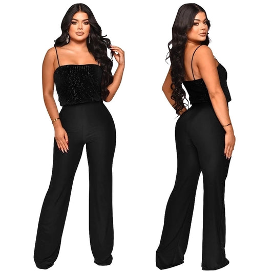 women's banquet sexy solid color full length sequins jumpsuits