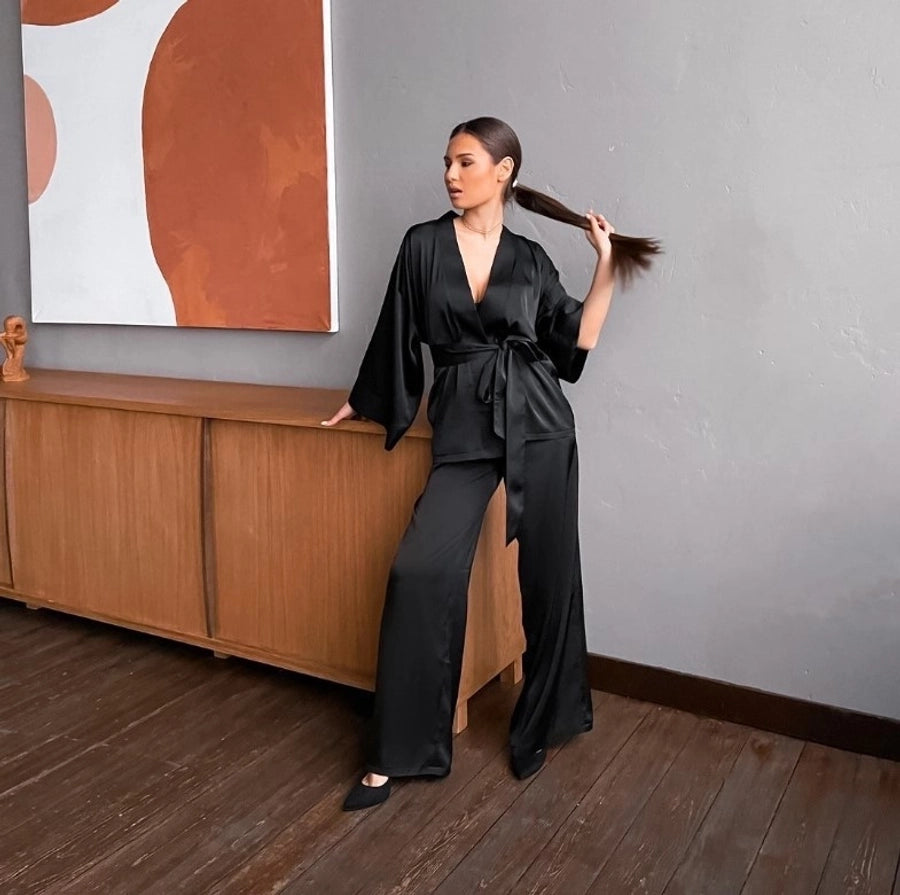 women's casual solid color polyester satin pants sets