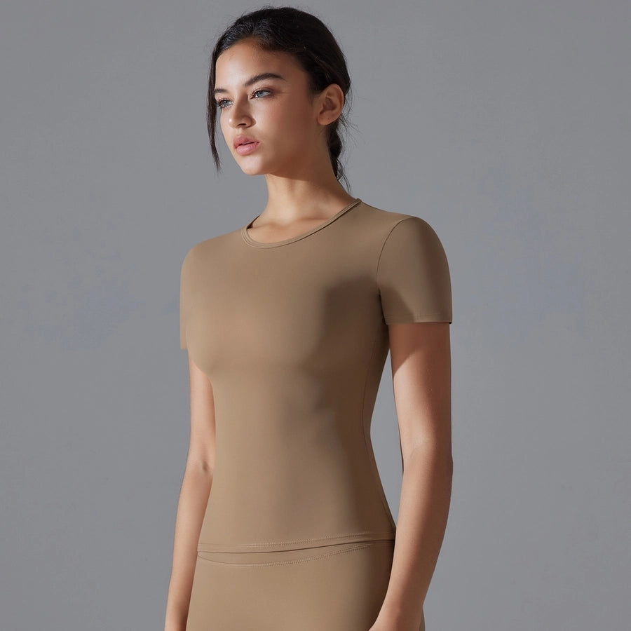 Simple Style Solid Color Nylon Round Neck Active Tops T-shirt