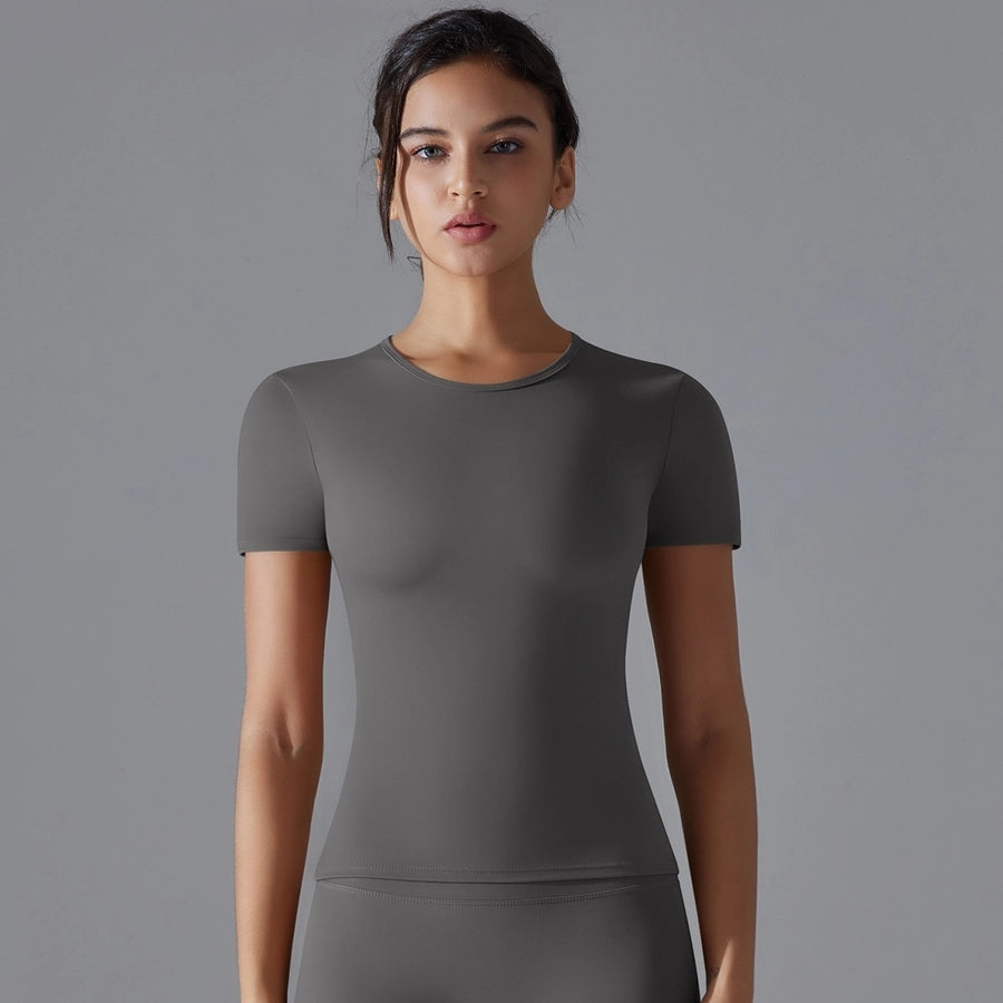 Simple Style Solid Color Nylon Round Neck Active Tops T-shirt