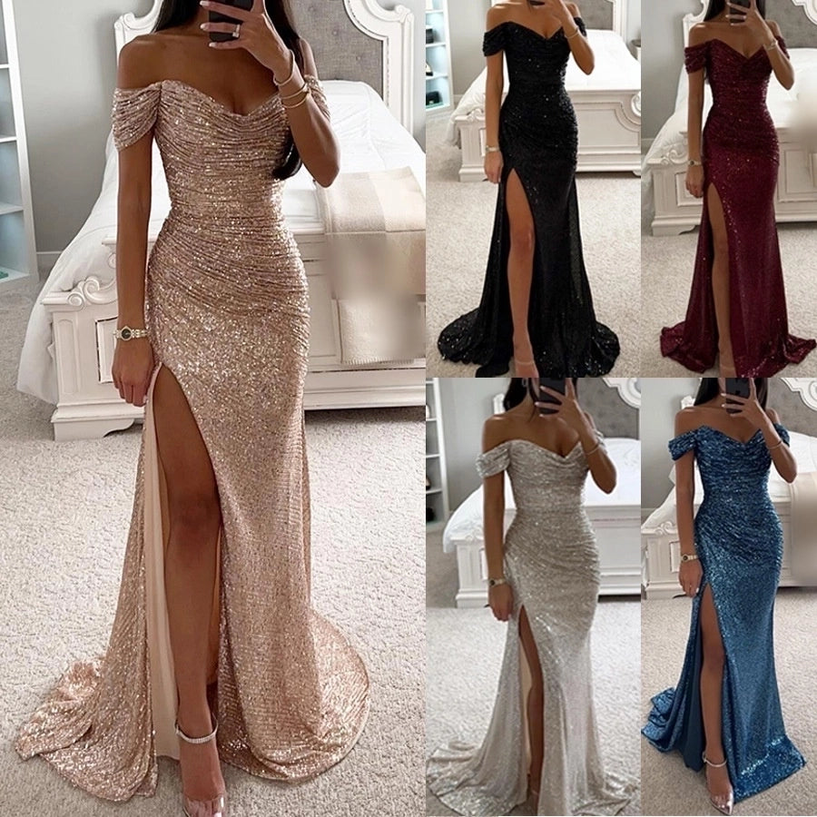 women's party dress classic style v neck sequins slit zipper sleeveless solid color maxi long dress banquet party