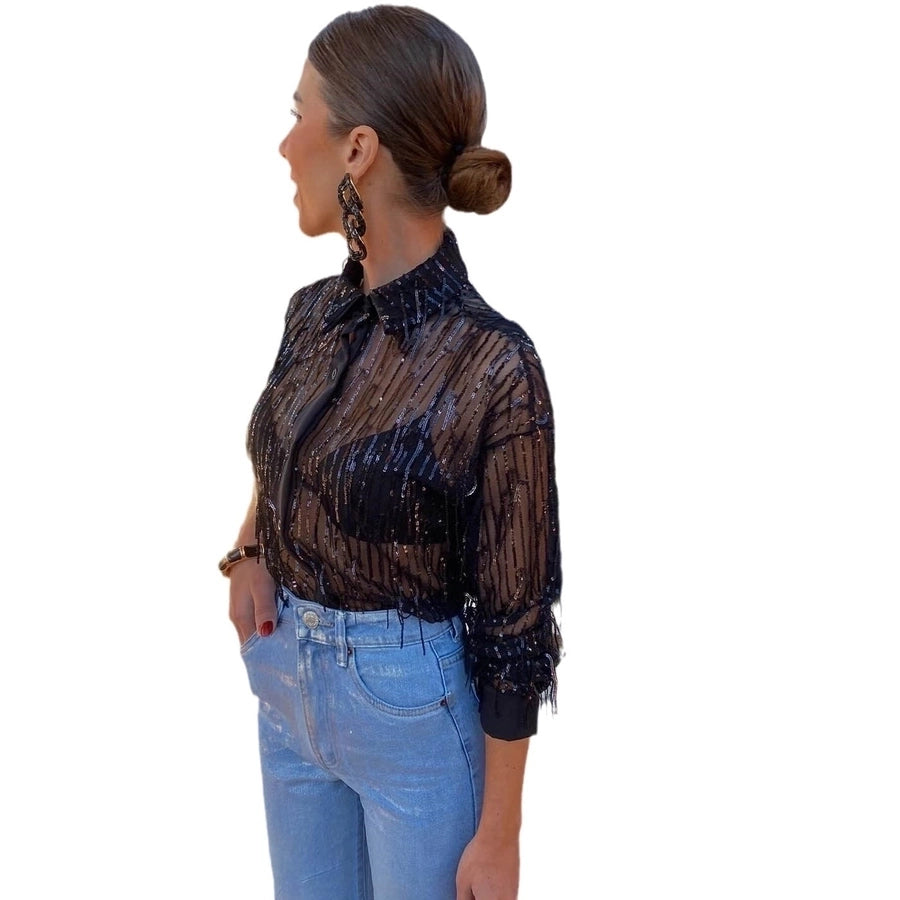 Women's Long Sleeve Blouses Sequins Elegant Stripe