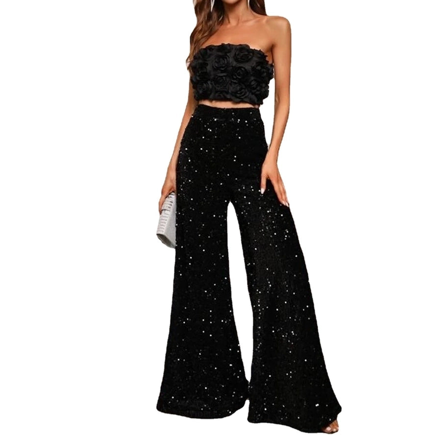 women's party street fashion solid color full length sequins wide leg pants