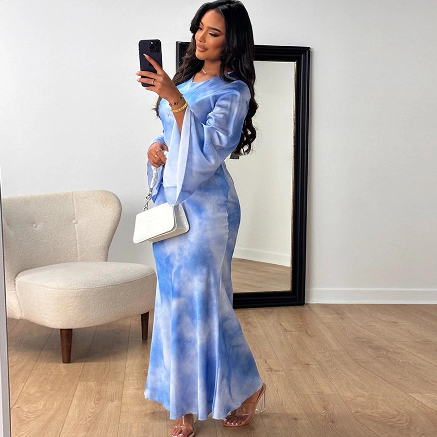 Women's Trumpet Dress Streetwear Round Neck Printing Long Sleeve Abstract Maxi Long Dress Holiday