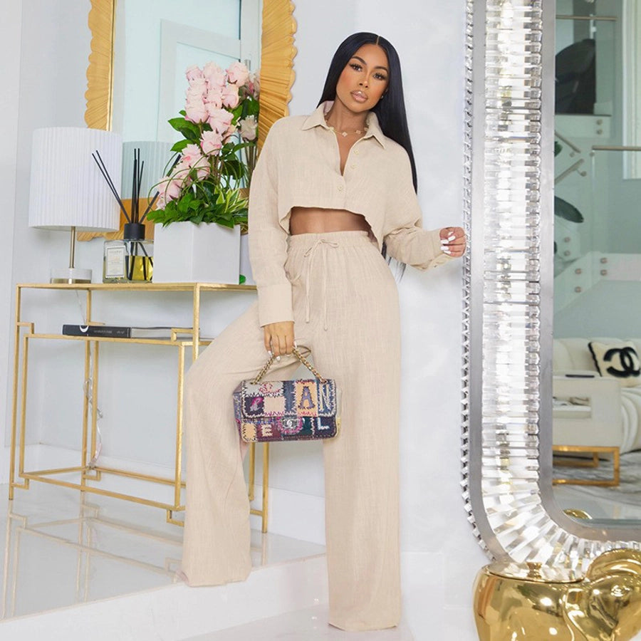 women's simple style solid color polyester button pants sets