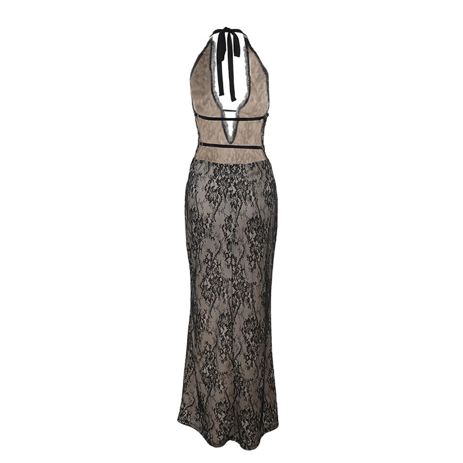 Women's Sheath Dress Sexy Halter Neck Lace Sleeveless Solid Color Maxi Long Dress Holiday