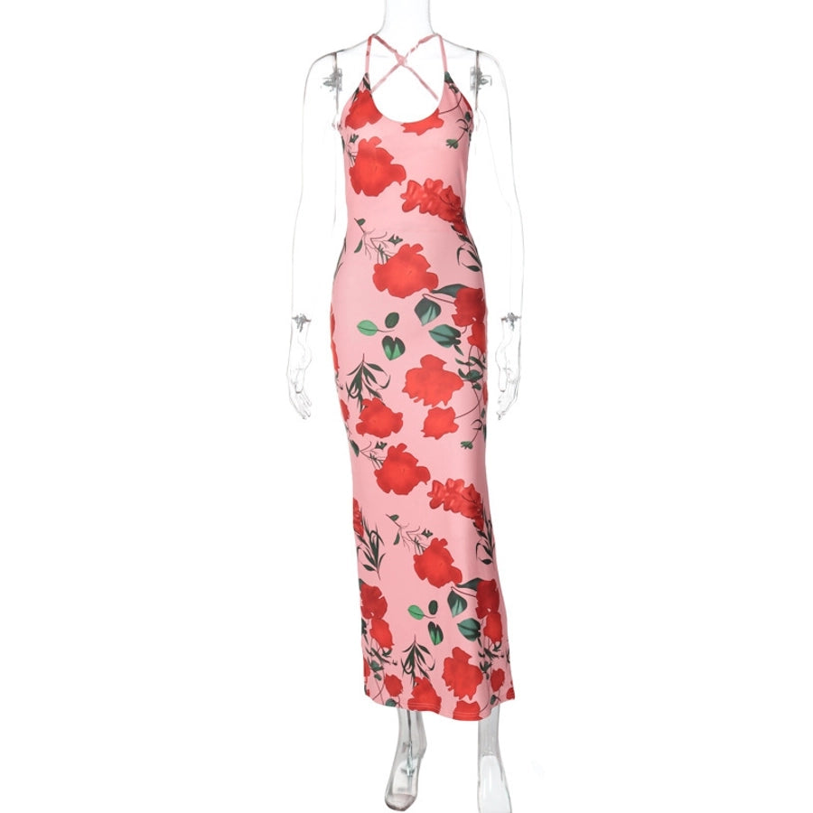 Women's Strap Dress Sexy U Neck Backless Sleeveless Flower Maxi Long Dress Cocktail Party