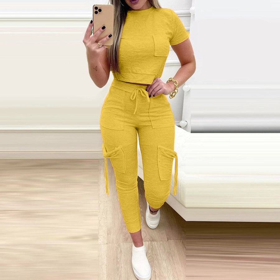 women's casual solid color polyester patchwork pants sets