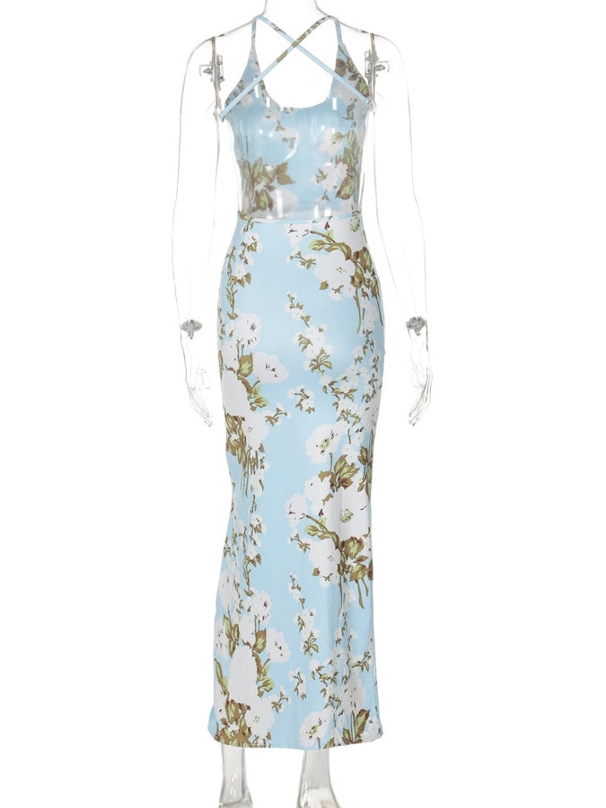 Women's Strap Dress Sexy U Neck Backless Sleeveless Flower Maxi Long Dress Cocktail Party