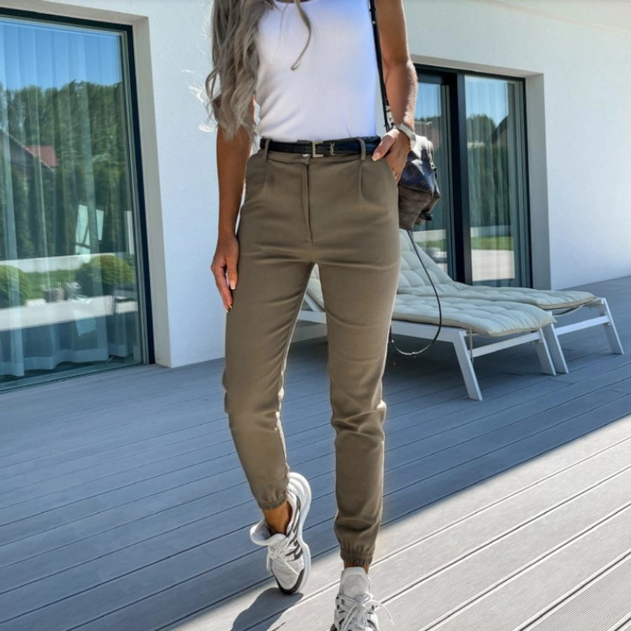 women's daily street casual simple style solid color ankle-length pocket jogger pants